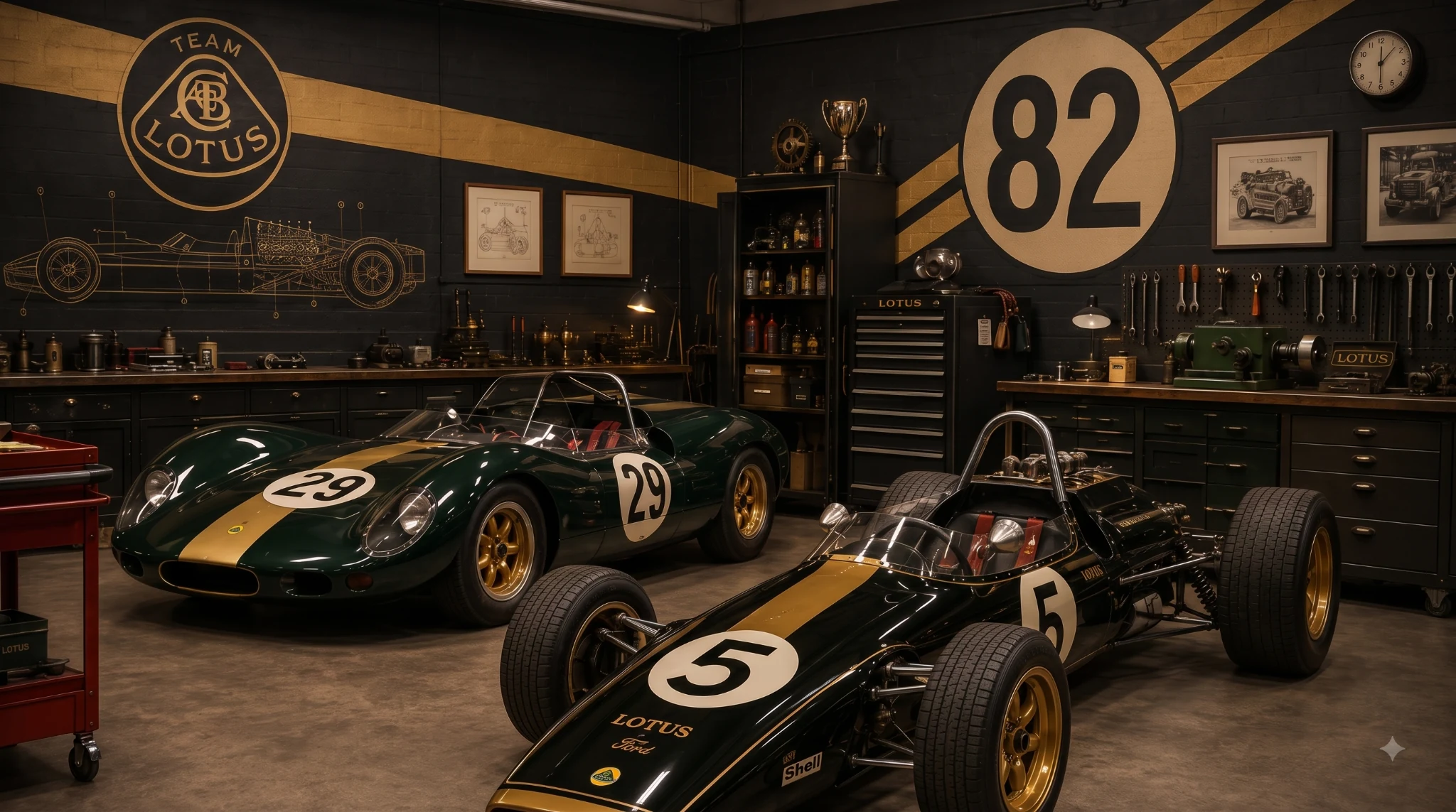Lotus race cars in a bespoke Galleria Exotica environment